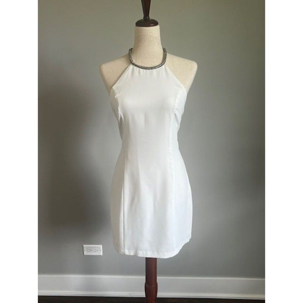 White Halter Mini Dress with Rhinestone Straps by En Creme Size M Fully Lined